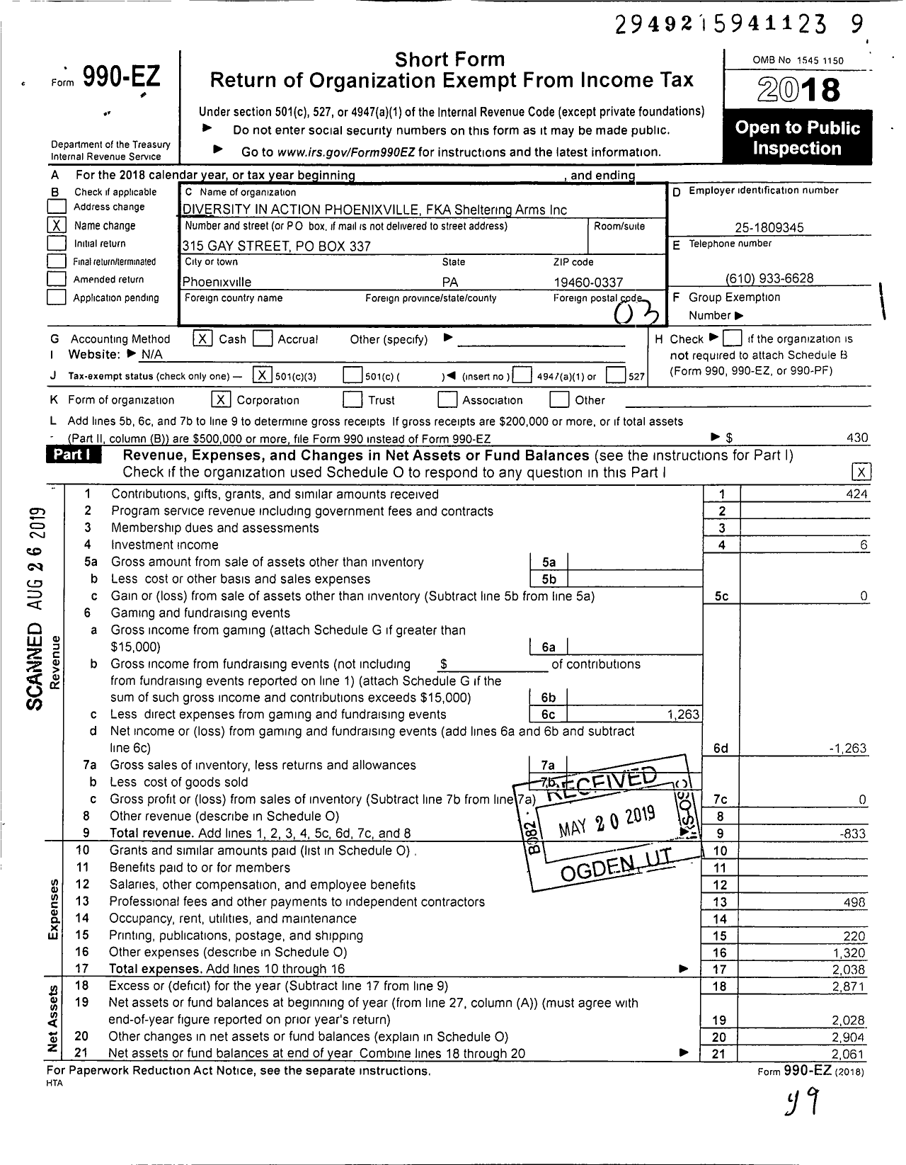 Image of first page of 2018 Form 990EZ for Diversity in Action Phoenixville