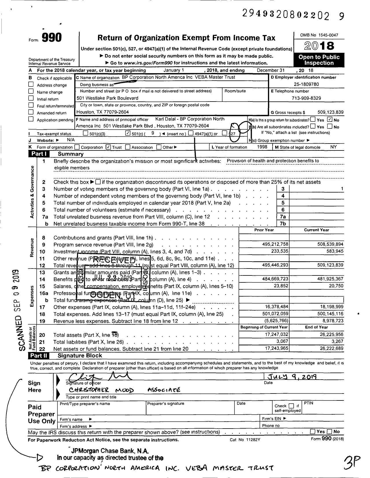 Image of first page of 2018 Form 990O for BP Corporation North America Veba Master Trust