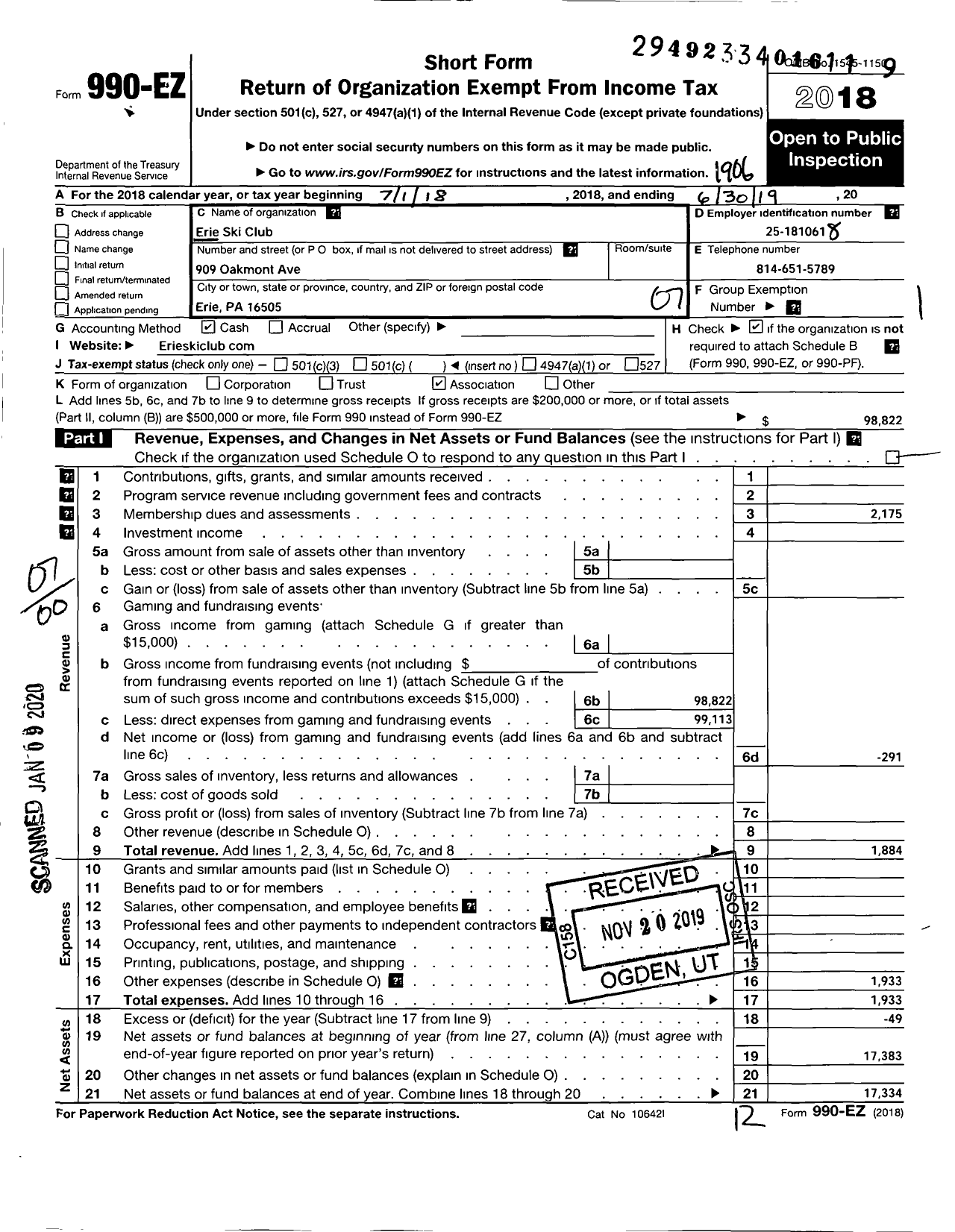 Image of first page of 2018 Form 990EO for Erie Ski Club