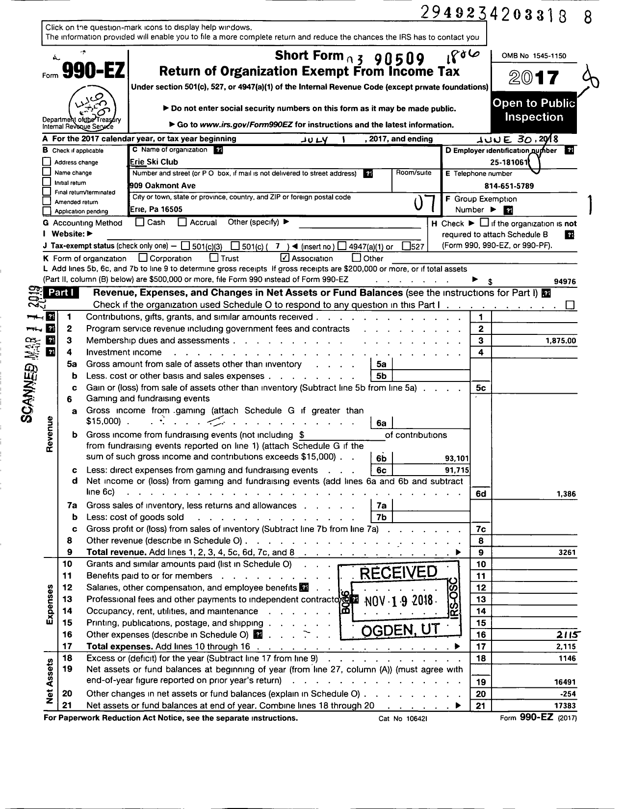 Image of first page of 2017 Form 990EO for Erie Ski Club