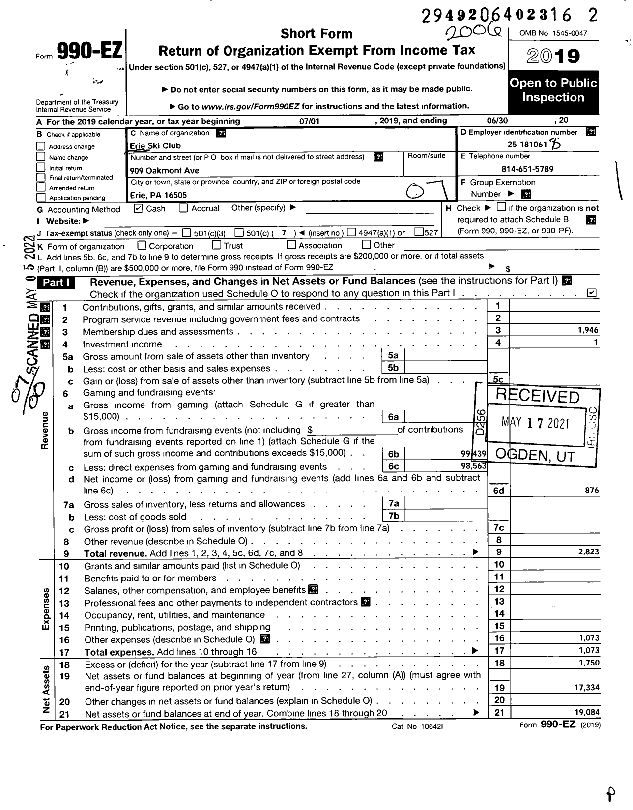 Image of first page of 2020 Form 990EO for Erie Ski Club