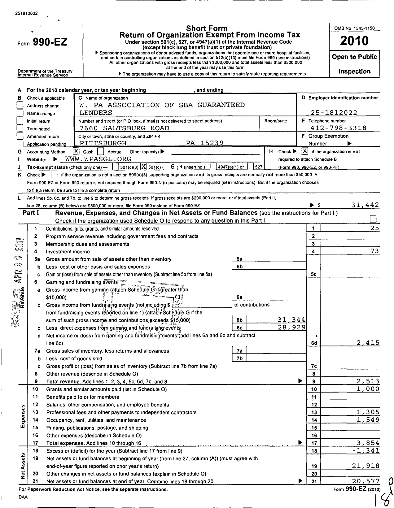 Image of first page of 2010 Form 990EO for Western Pa Association of Sba Lenders