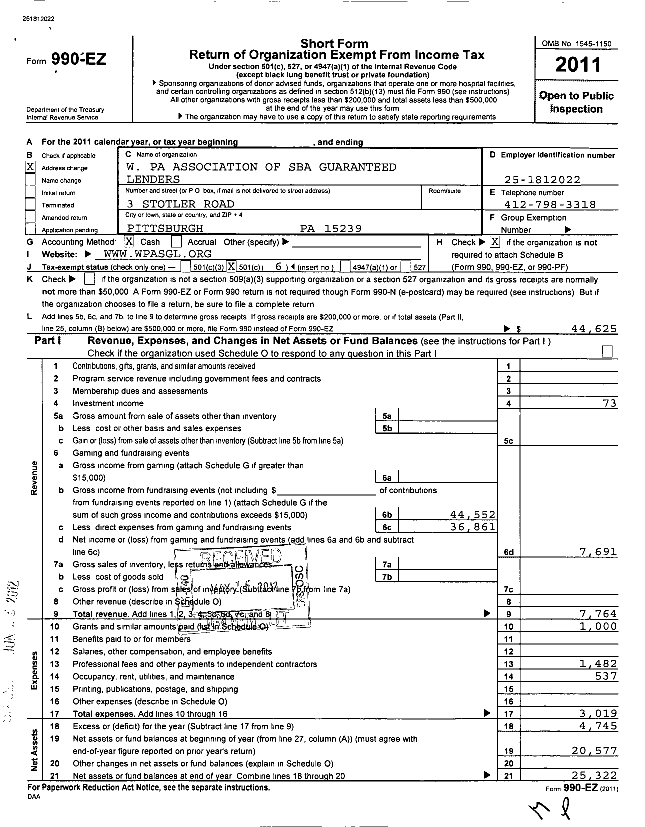 Image of first page of 2011 Form 990EO for Western Pa Association of Sba Lenders