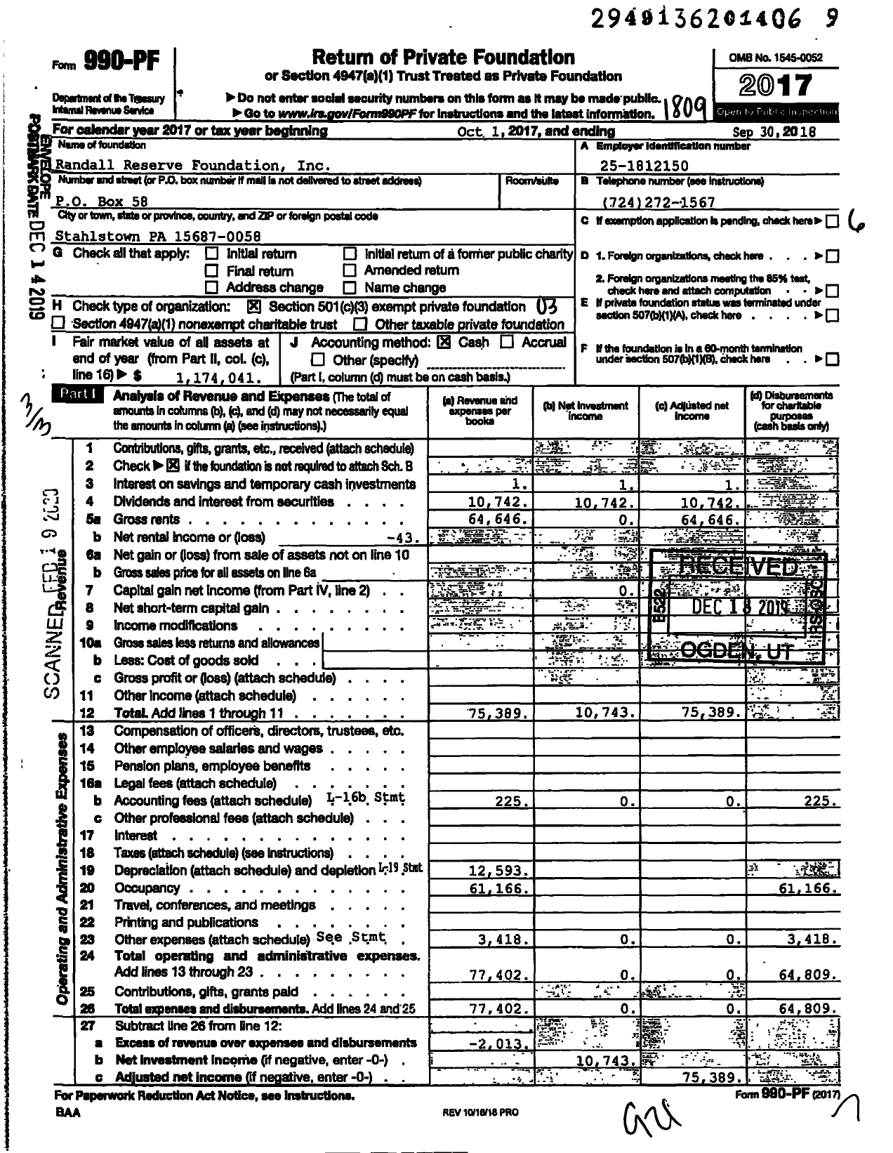 Image of first page of 2017 Form 990PF for Randall Reserve Foundation