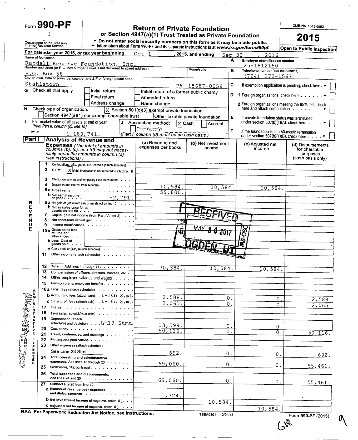Image of first page of 2015 Form 990PF for Randall Reserve Foundation