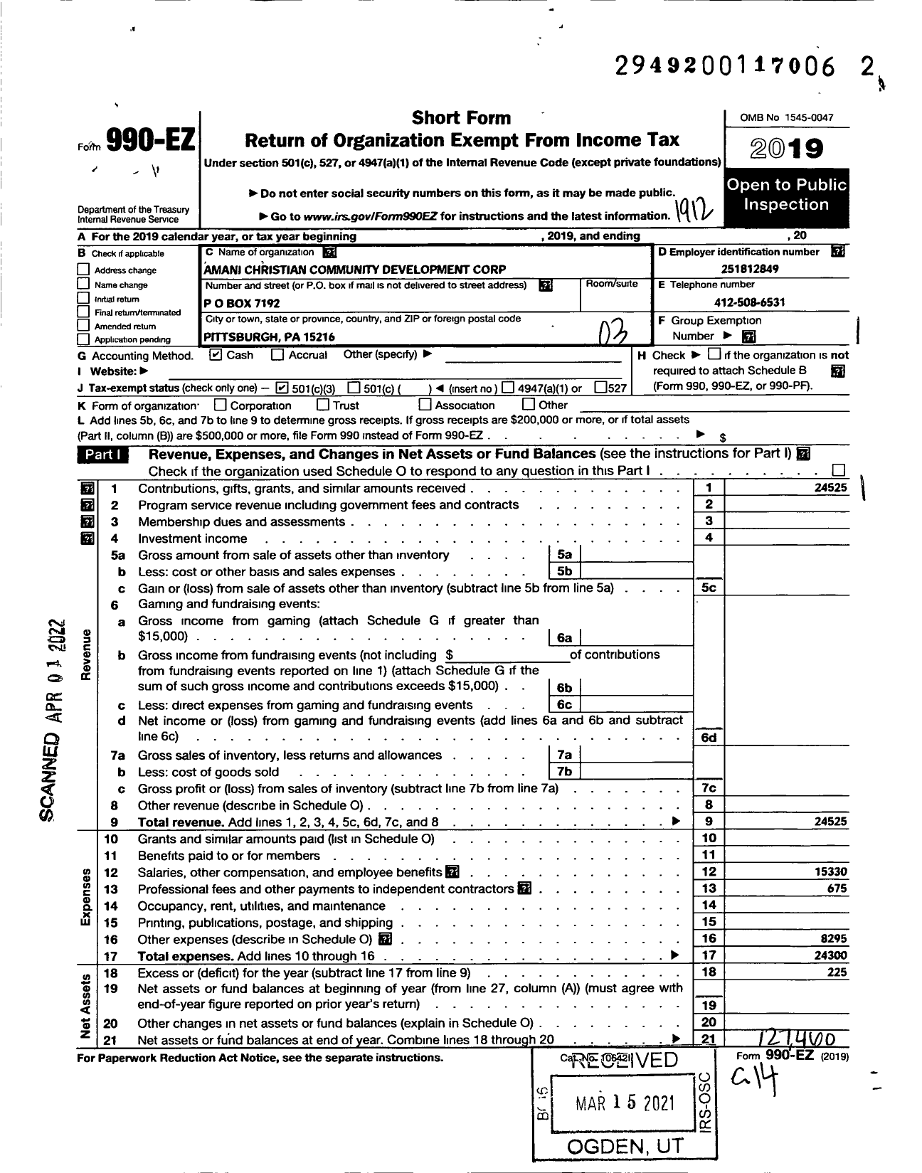 Image of first page of 2019 Form 990EZ for Amani Christian Community Development Corporation