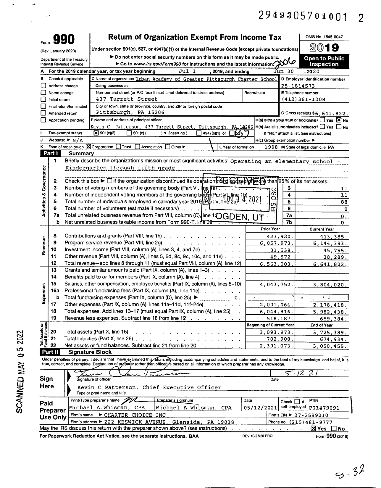 Image of first page of 2019 Form 990 for Urban Academy of Greater Pittsburgh Charter School (UAGPCS)