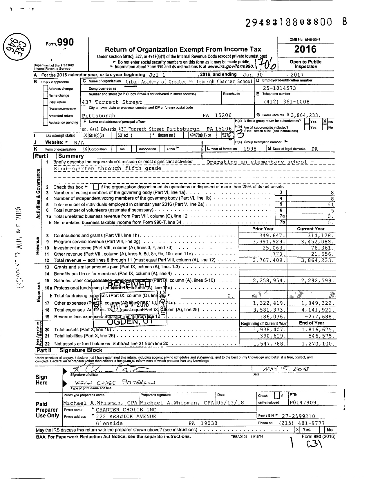 Image of first page of 2016 Form 990 for Urban Academy of Greater Pittsburgh Charter School (UAGPCS)