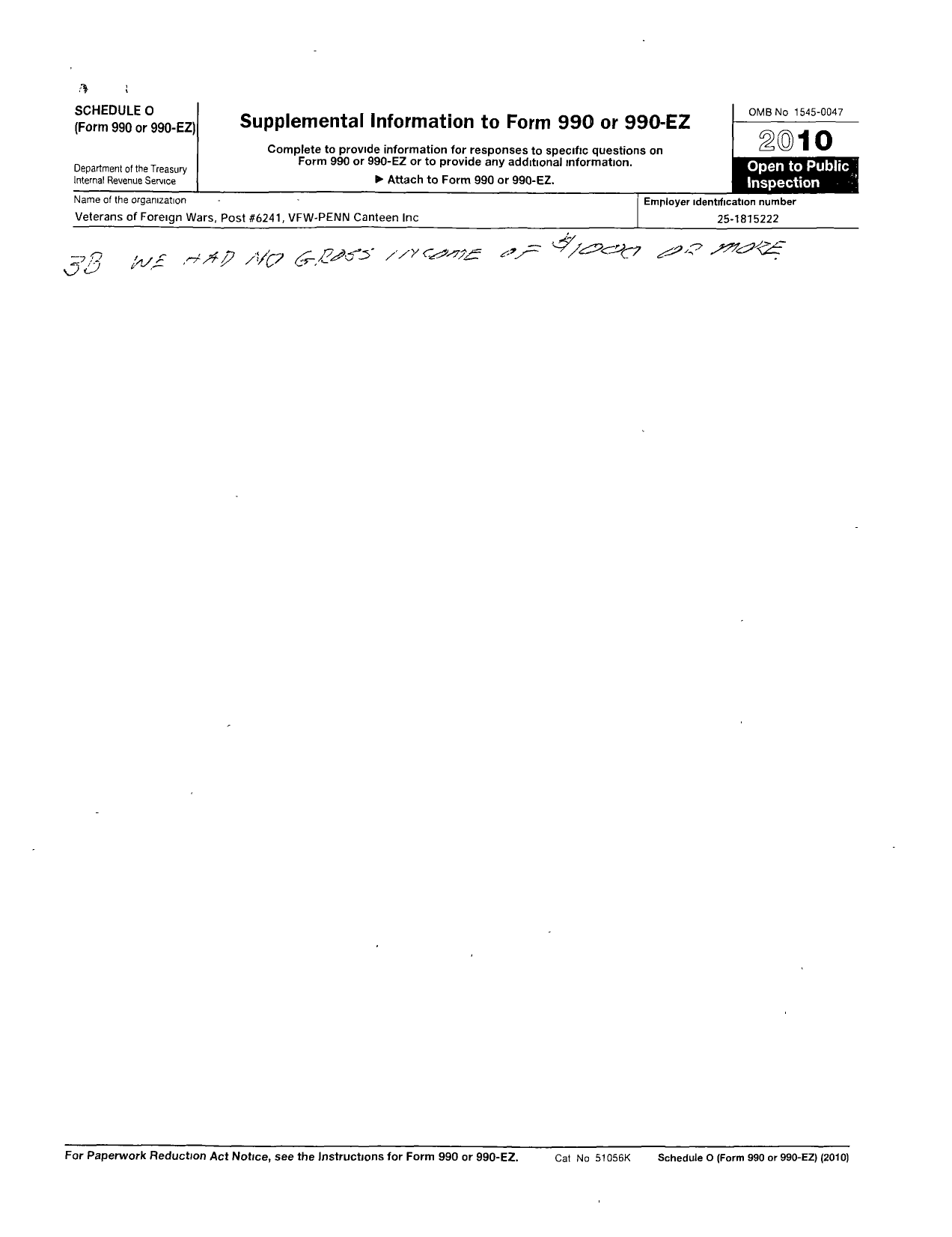 Image of first page of 2010 Form 990OR for Vfw-Penn Canteen