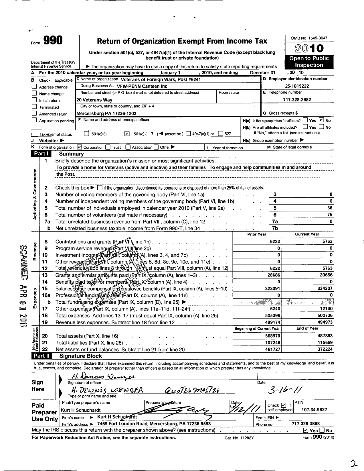 Image of first page of 2010 Form 990O for Vfw-Penn Canteen