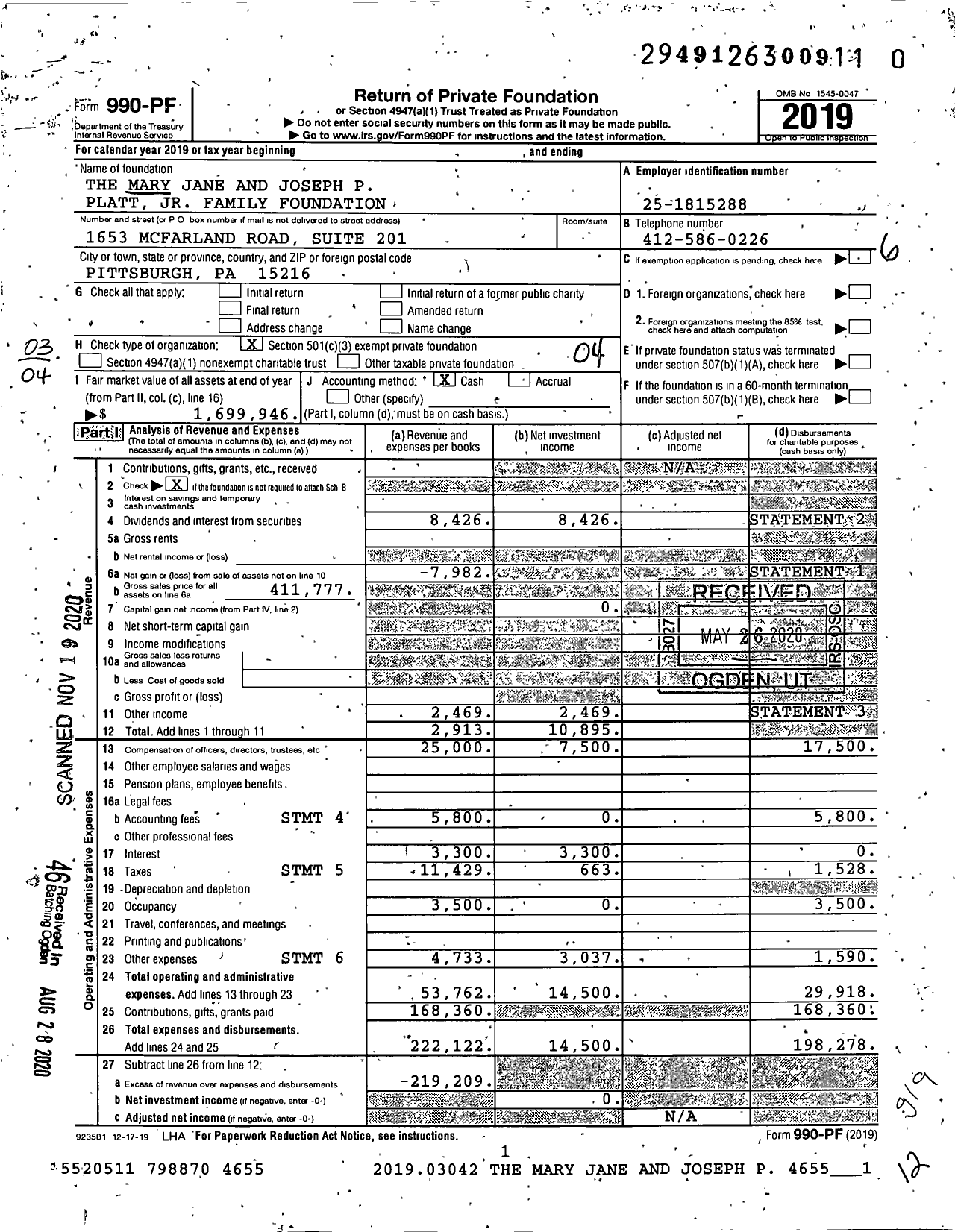 Image of first page of 2019 Form 990PF for The Mary Jane and Joseph P Platt JR Family Foundation