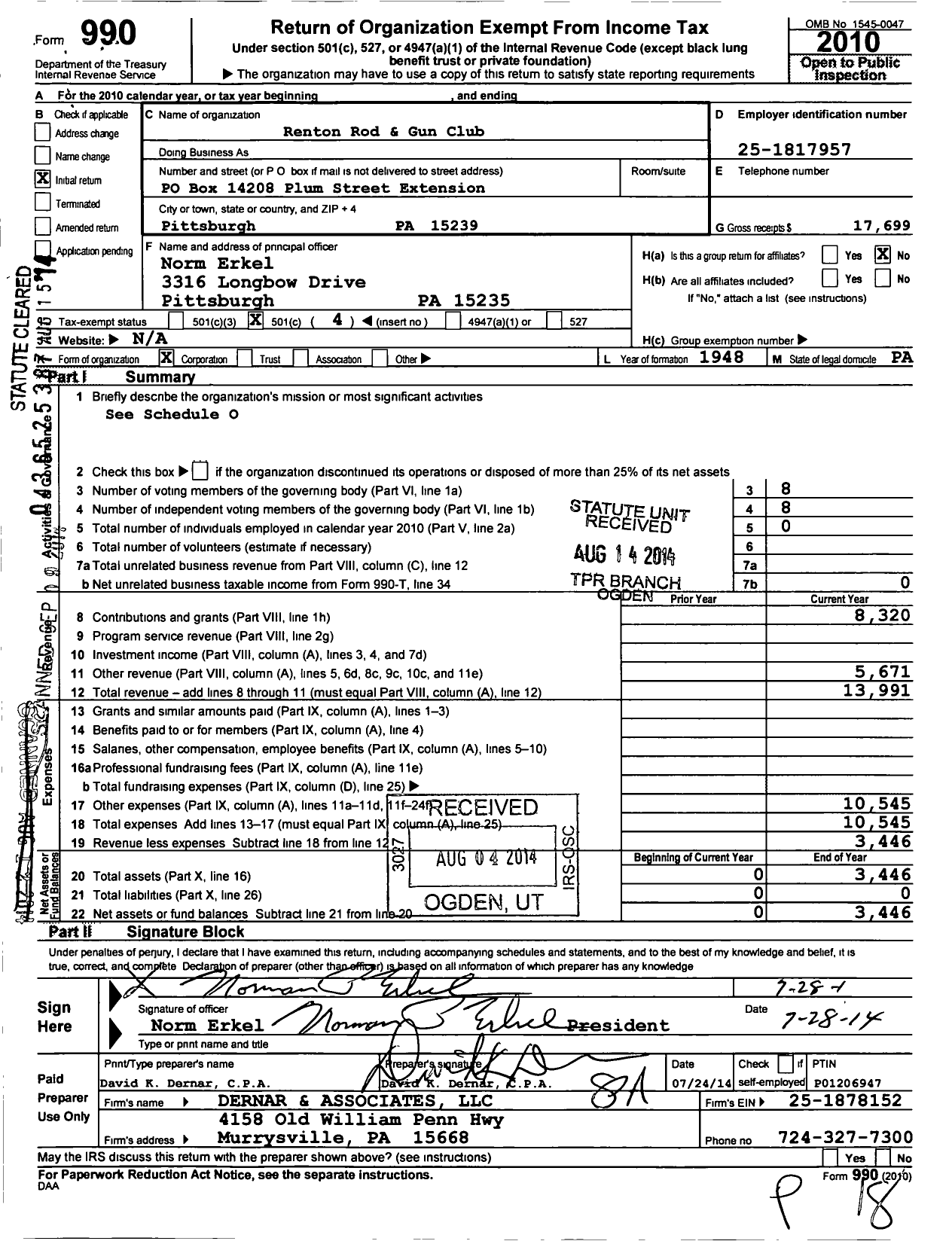 Image of first page of 2010 Form 990O for Renton Rod and Gun Club