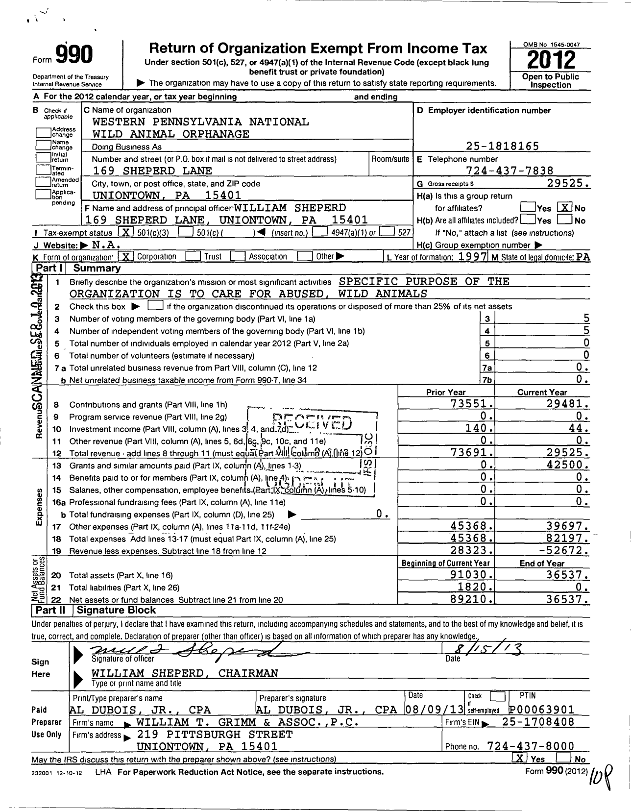 Image of first page of 2012 Form 990 for Western Pa National Wild Animal Orphanage
