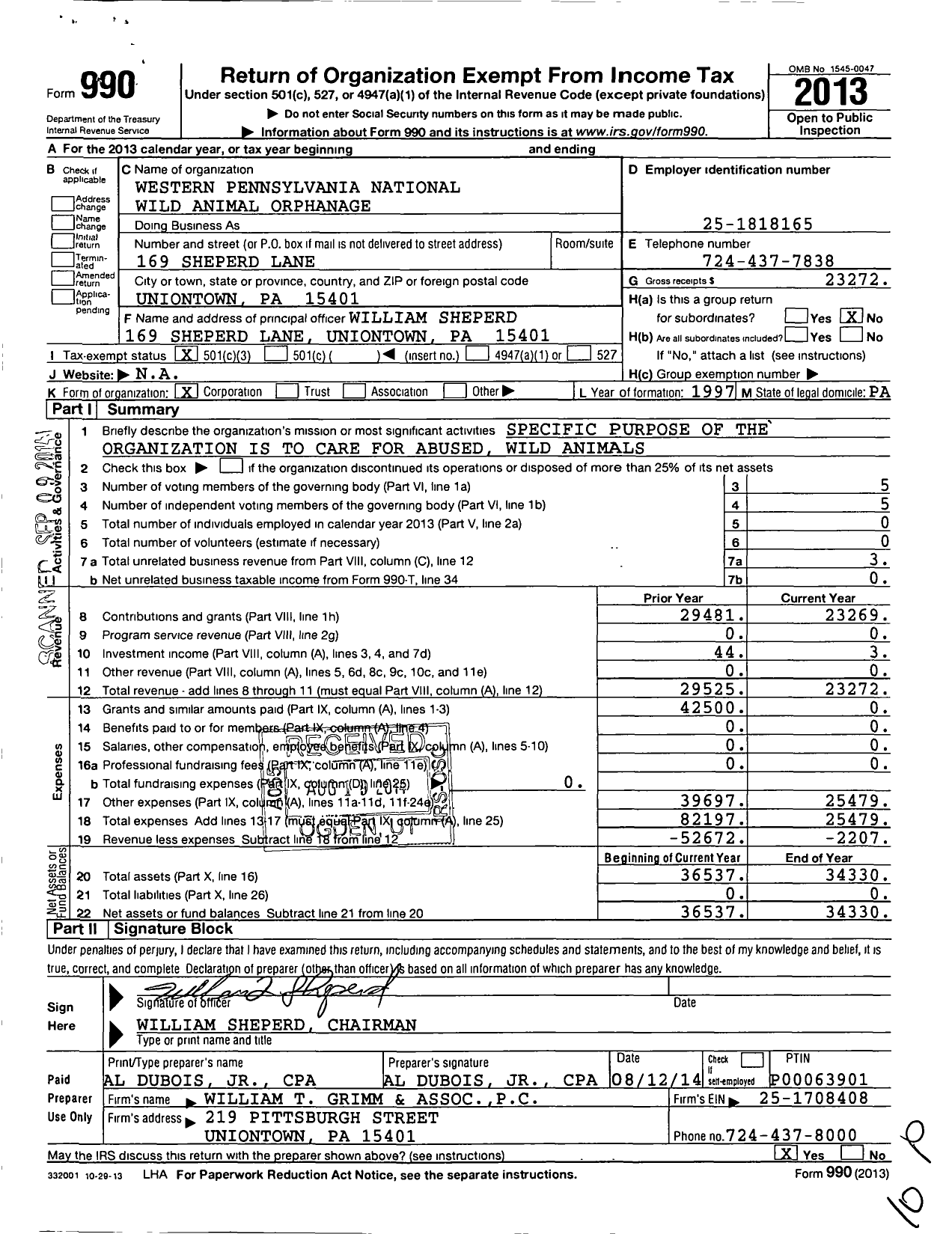 Image of first page of 2013 Form 990 for Western Pa National Wild Animal Orphanage