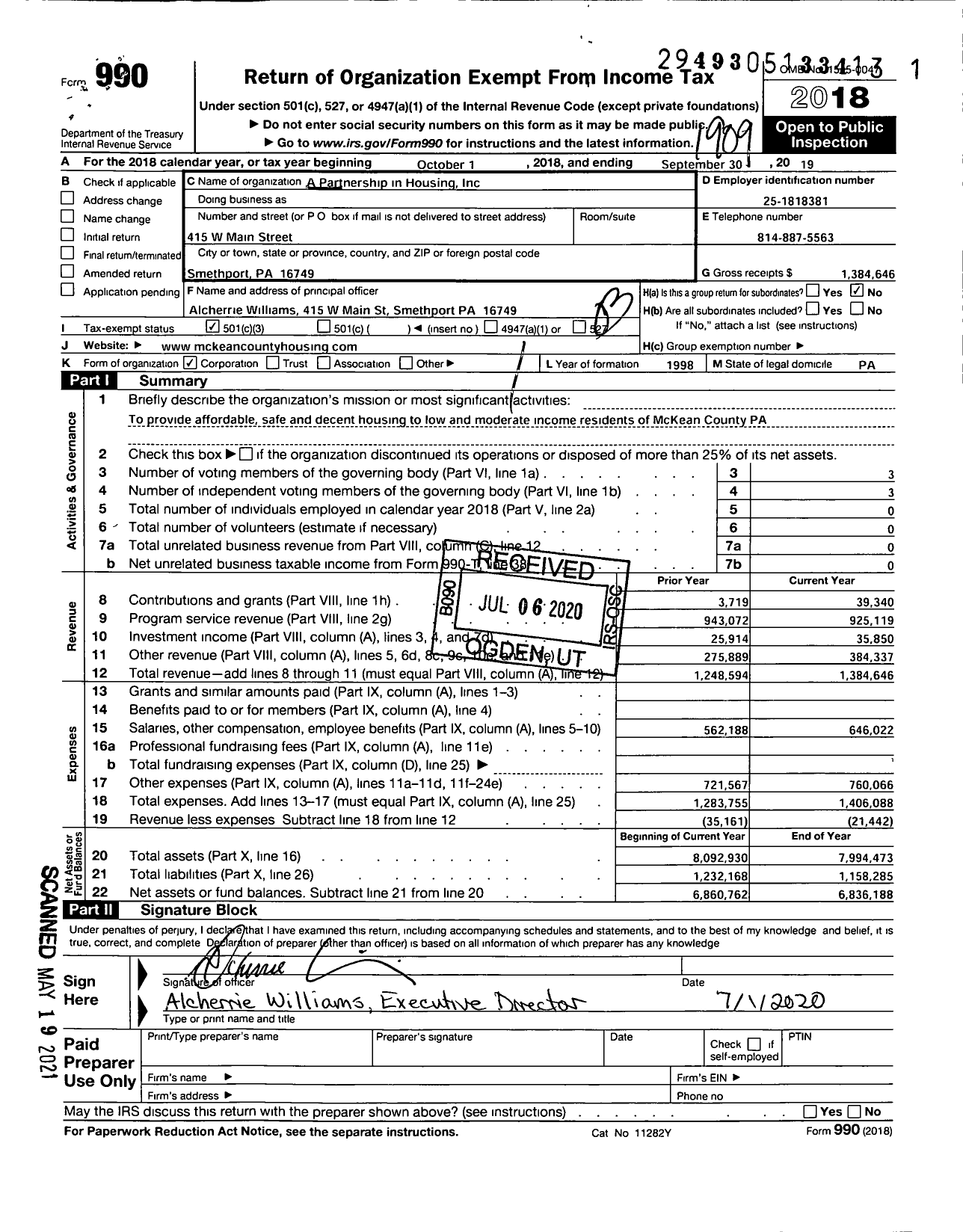 Image of first page of 2018 Form 990 for A Partnership in Housing