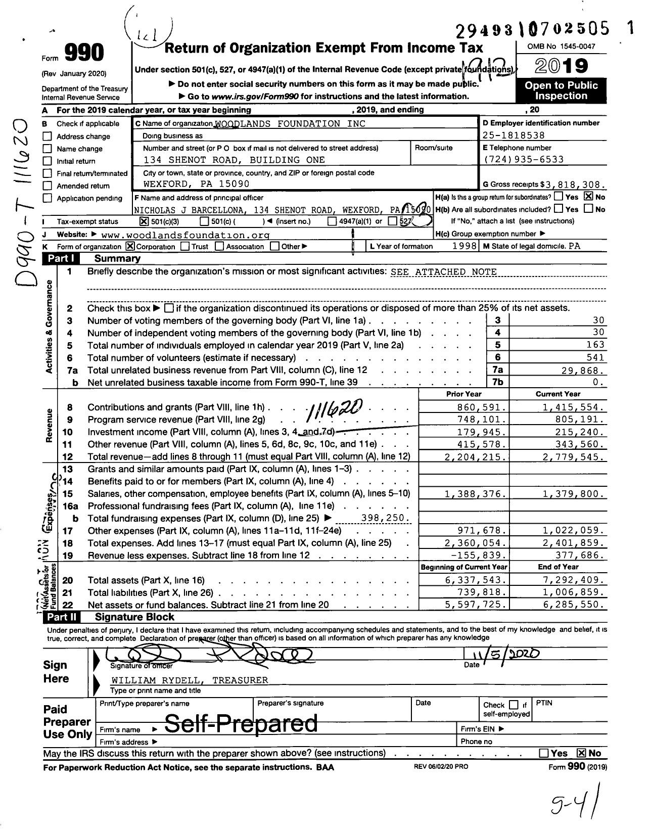 Image of first page of 2019 Form 990 for Woodlands Foundation