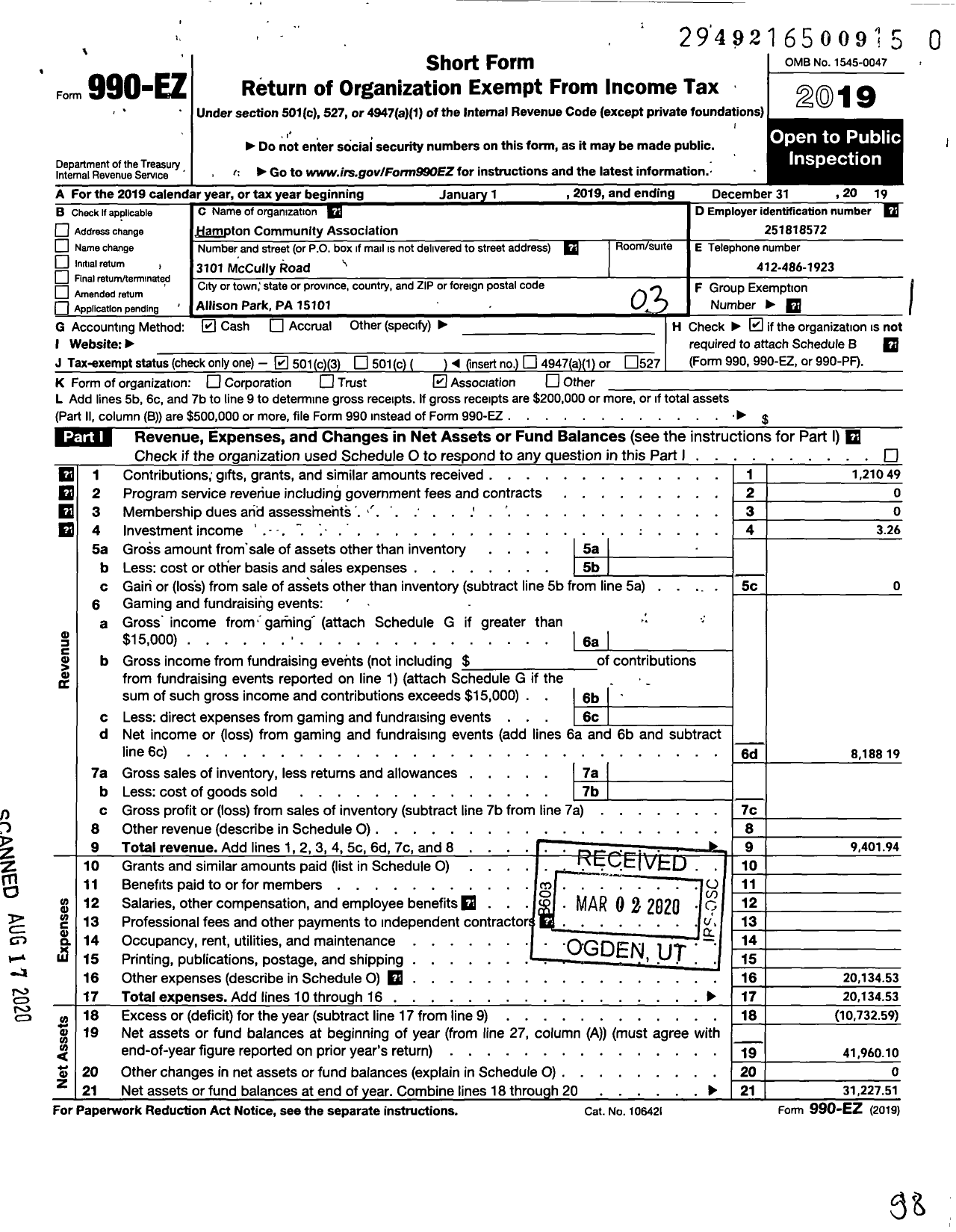 Image of first page of 2019 Form 990EZ for Hampton Community Association