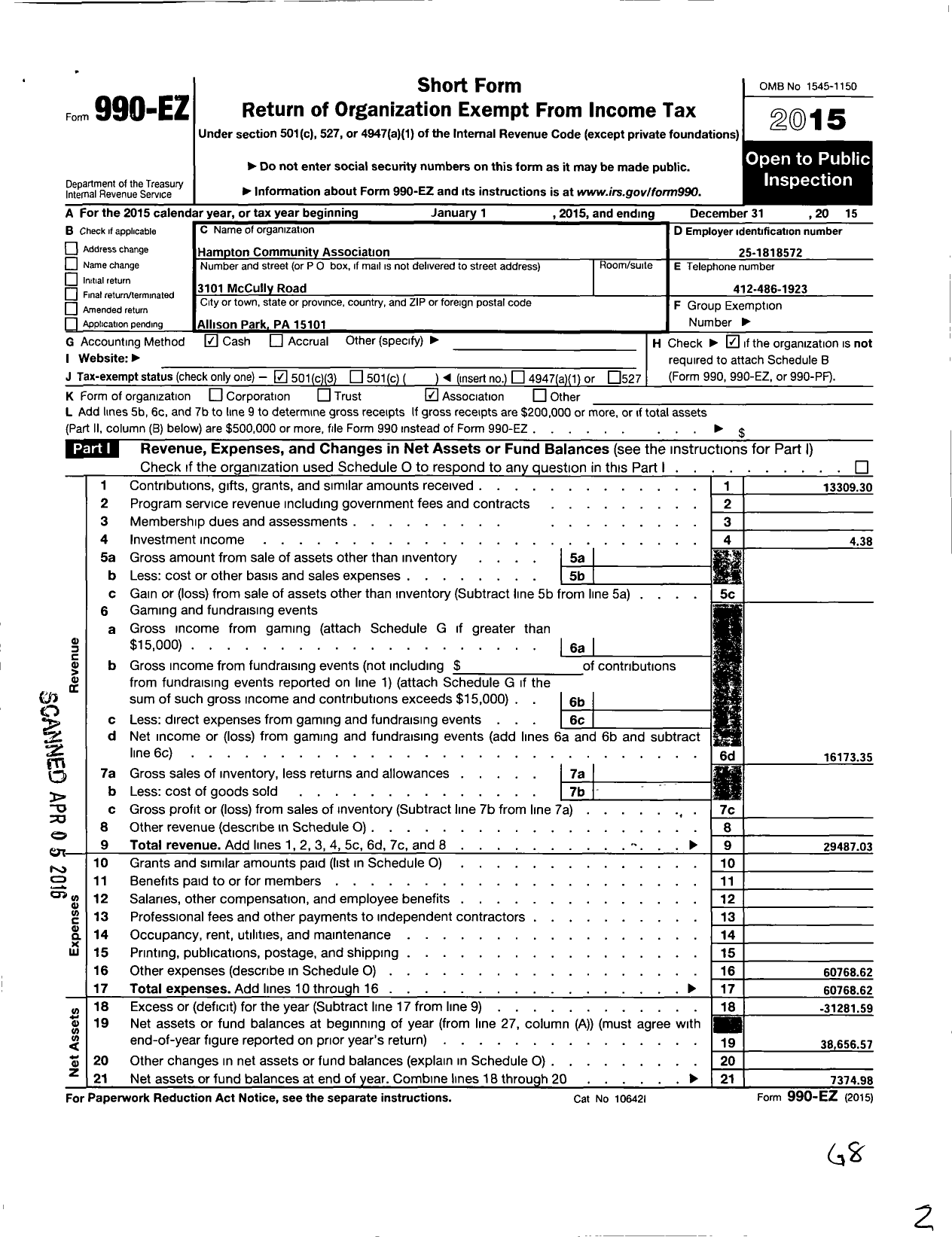 Image of first page of 2015 Form 990EZ for Hampton Community Association