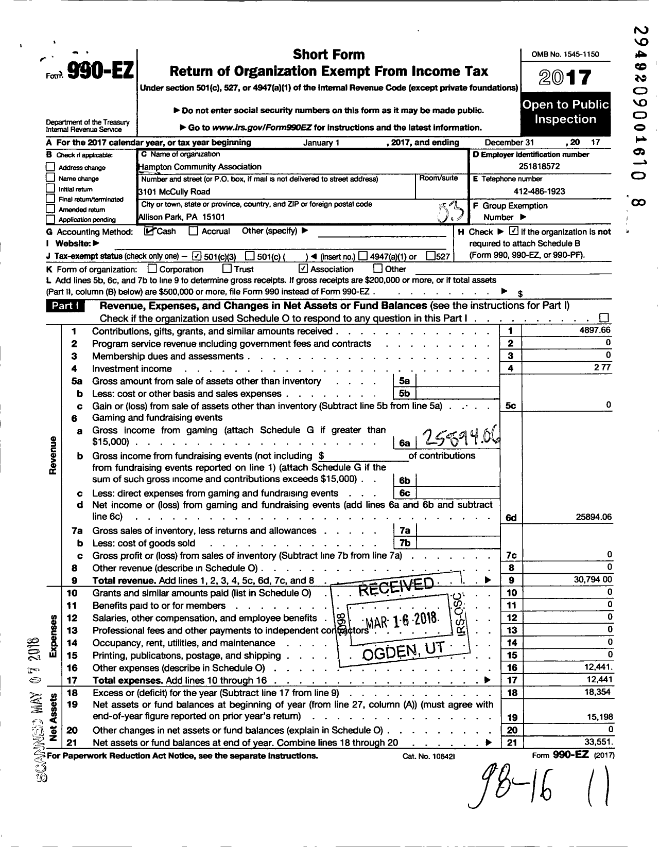 Image of first page of 2017 Form 990EZ for Hampton Community Association