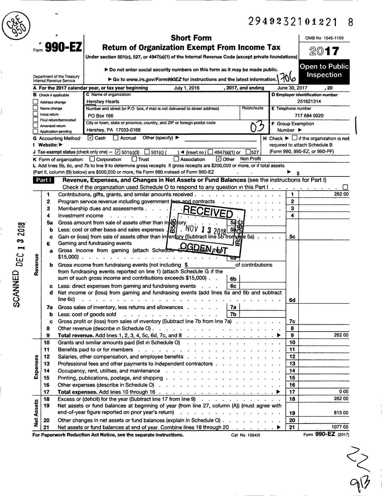 Image of first page of 2016 Form 990EZ for Hershey Hearts