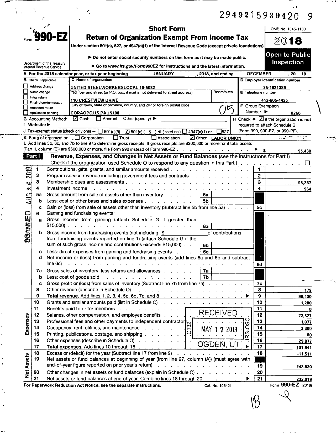 Image of first page of 2018 Form 990EO for United Steelworkers - Local Union 5032