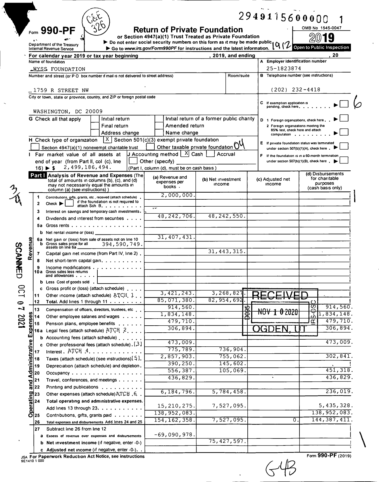 Image of first page of 2019 Form 990PF for Wyss Foundation