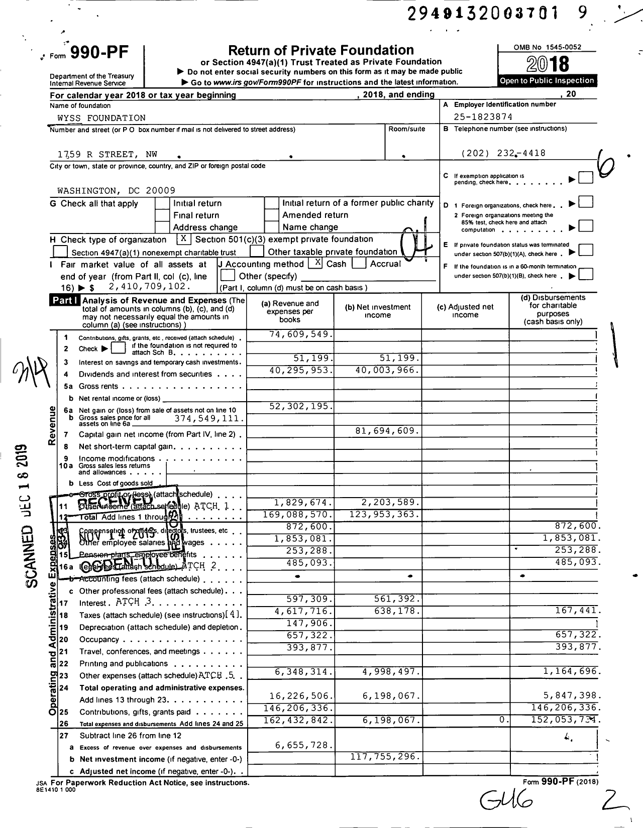 Image of first page of 2018 Form 990PF for Wyss Foundation