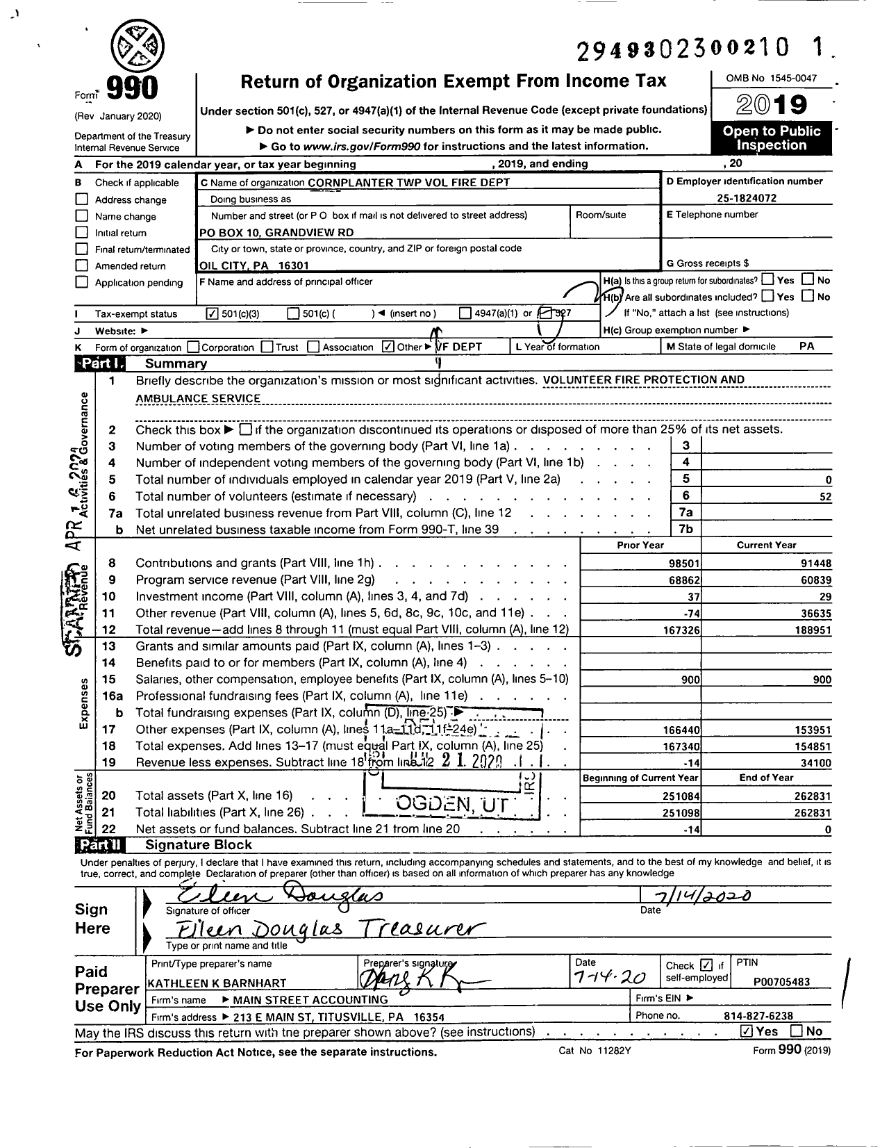 Image of first page of 2019 Form 990 for Cornplanter TWP Volunteer Fire Dept