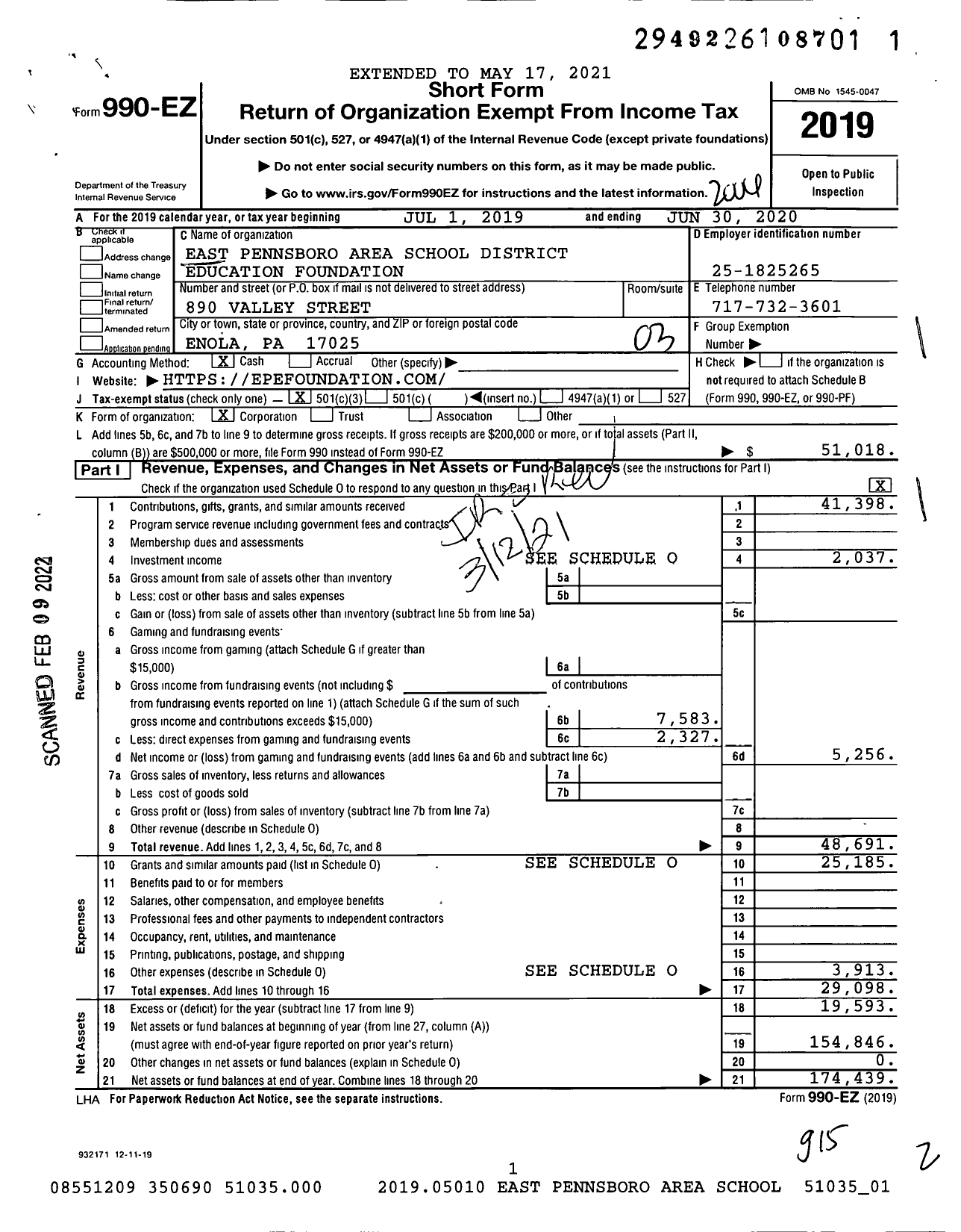 Image of first page of 2019 Form 990EZ for East Pennsboro Area School District Education Foundation