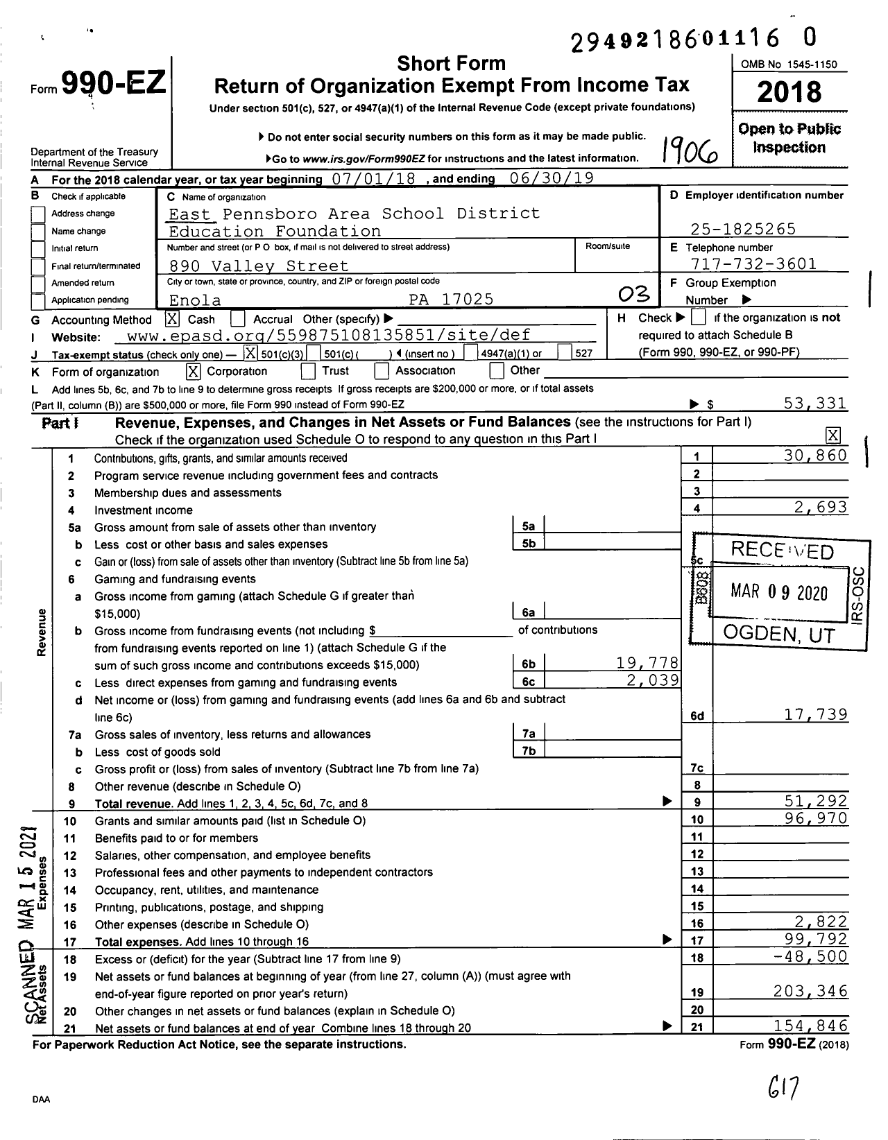 Image of first page of 2018 Form 990EZ for East Pennsboro Area School District Education Foundation