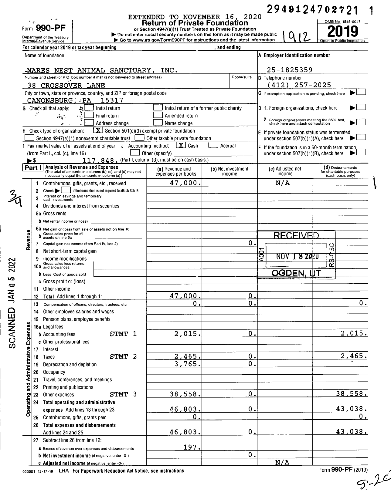 Image of first page of 2019 Form 990PF for Mares Nest Animal Sanctuary