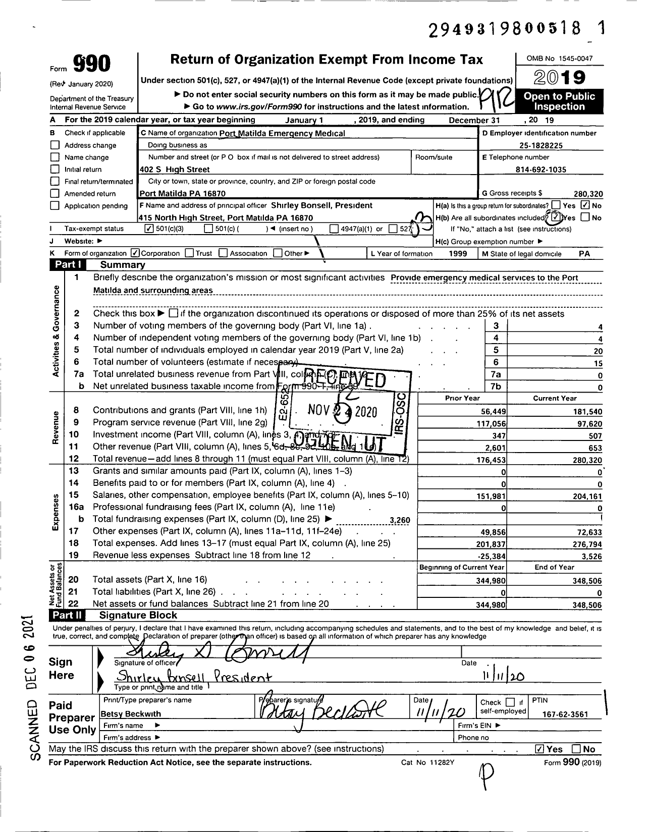 Image of first page of 2019 Form 990 for Port Matilda Emergency Medical
