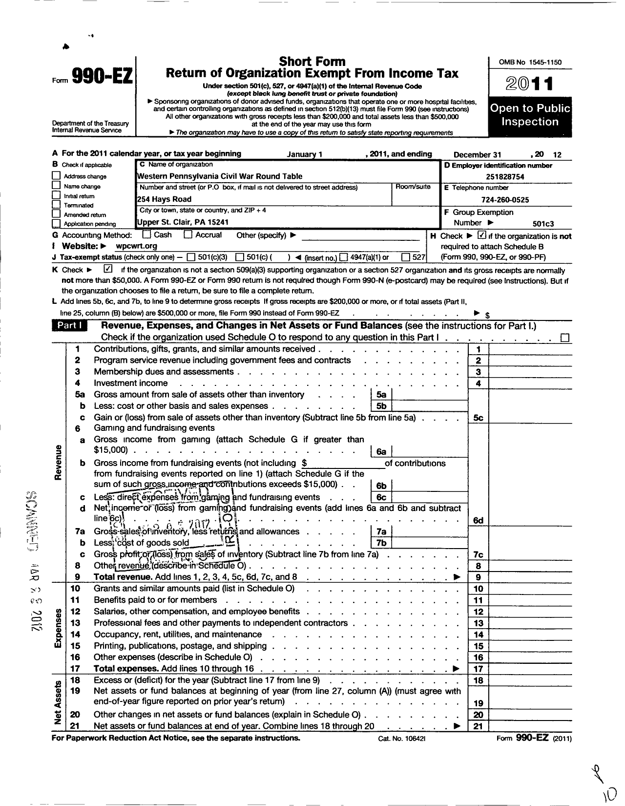 Image of first page of 2012 Form 990EO for Western Pennsylvania Civil War Round Table