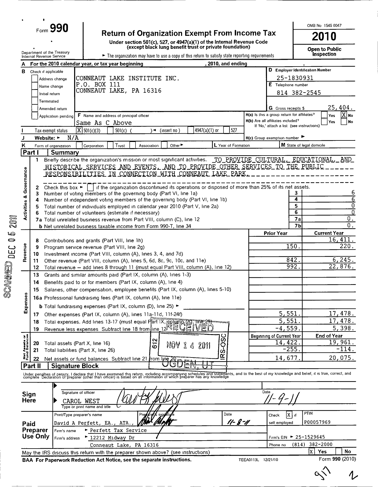 Image of first page of 2010 Form 990 for Conneaut Lake Institute