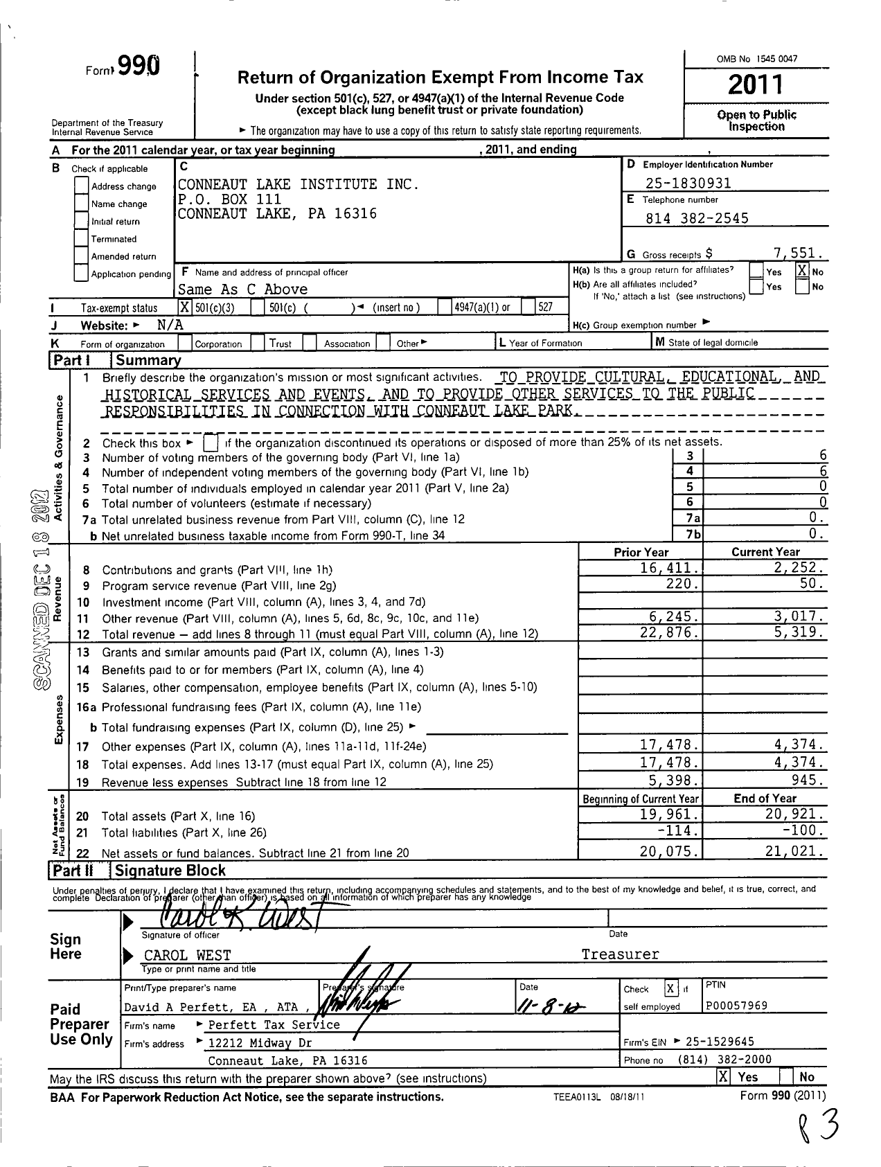 Image of first page of 2011 Form 990 for Conneaut Lake Institute