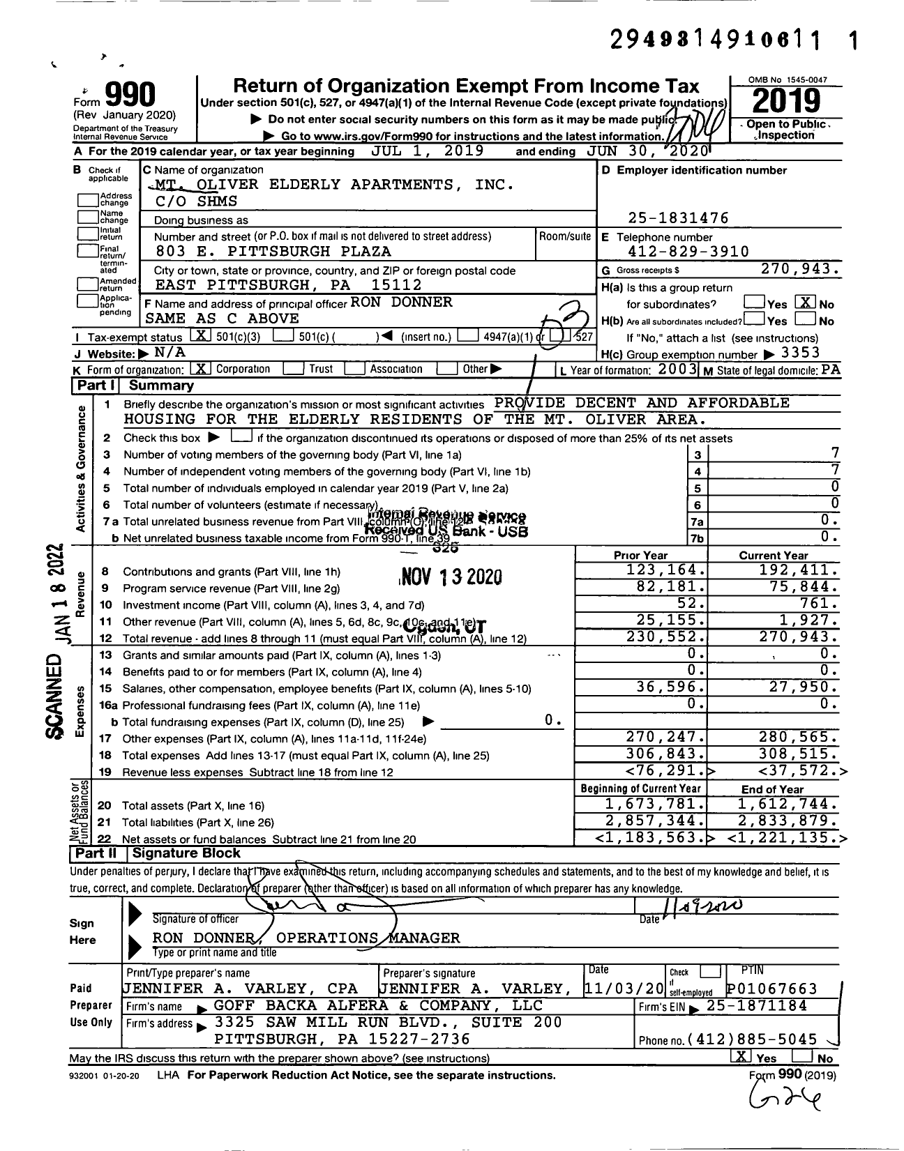 Image of first page of 2019 Form 990 for MT Oliver Elderly Apartments