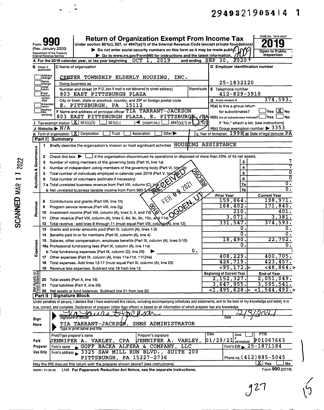 Image of first page of 2019 Form 990 for Center Township Elderly Housing