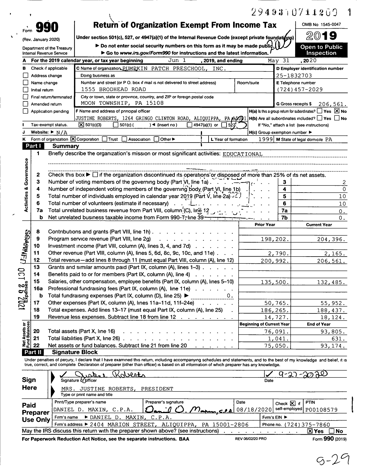 Image of first page of 2019 Form 990 for Pumpkin Patch Preschool