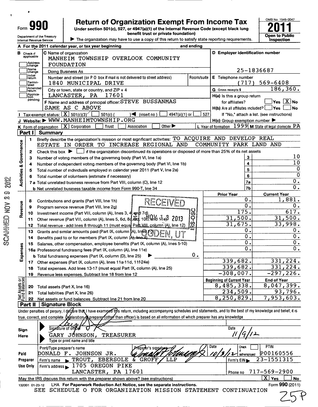 Image of first page of 2011 Form 990 for Manheim Township Overlook Community Foundation