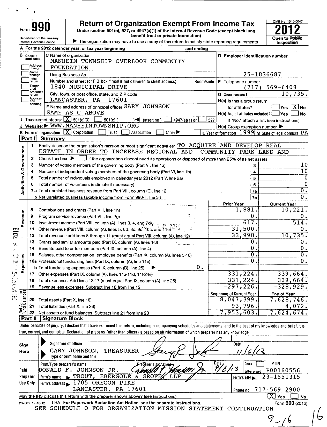 Image of first page of 2012 Form 990 for Manheim Township Overlook Community Foundation