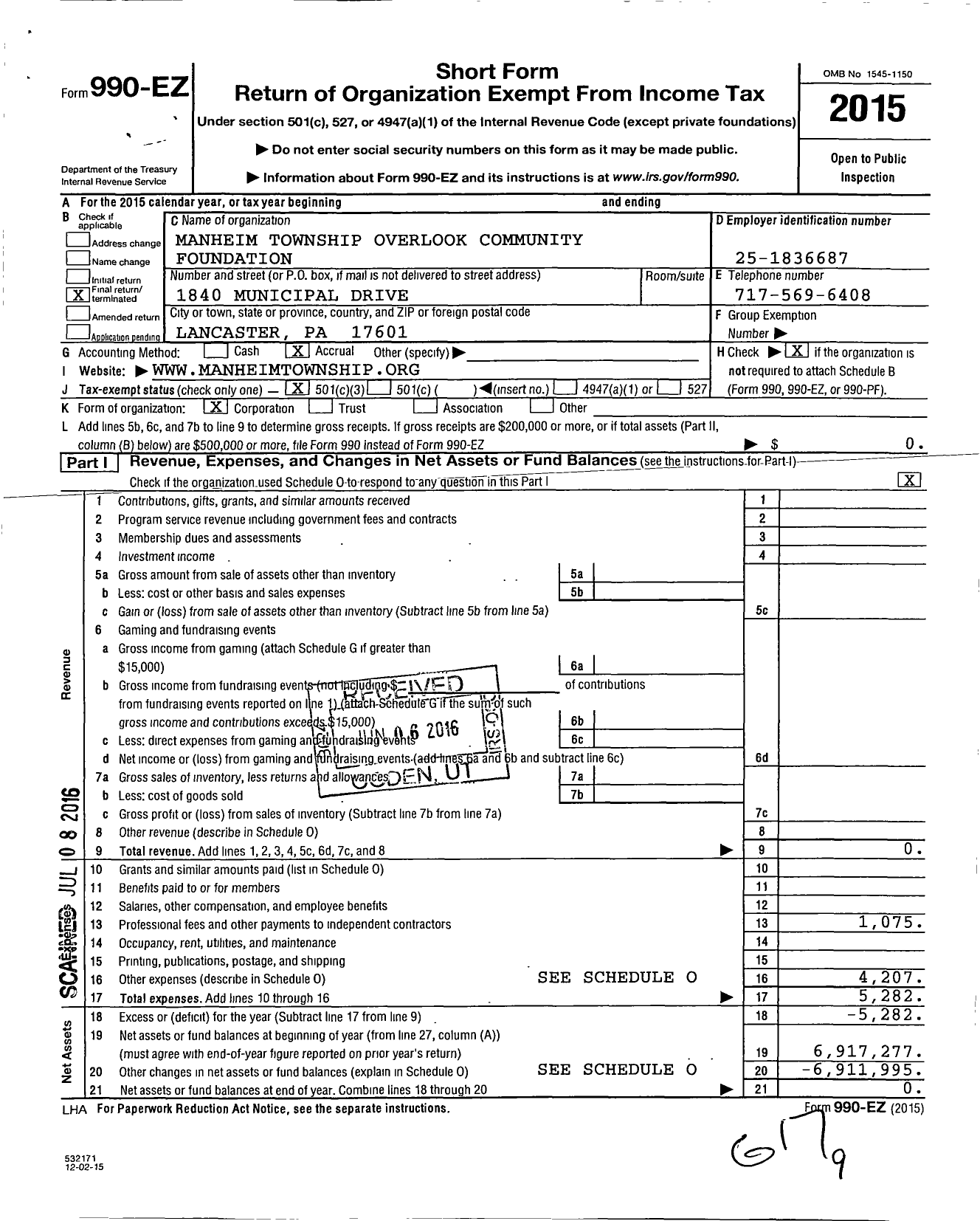 Image of first page of 2015 Form 990EZ for Manheim Township Overlook Community Foundation