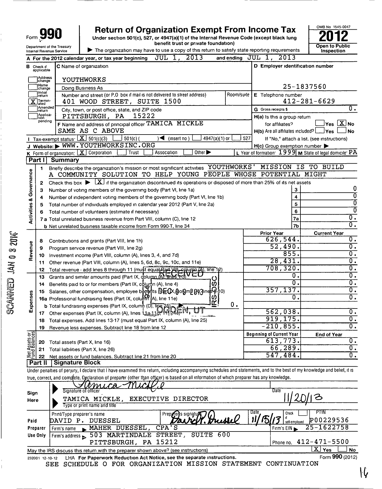 Image of first page of 2012 Form 990 for YouthWorks