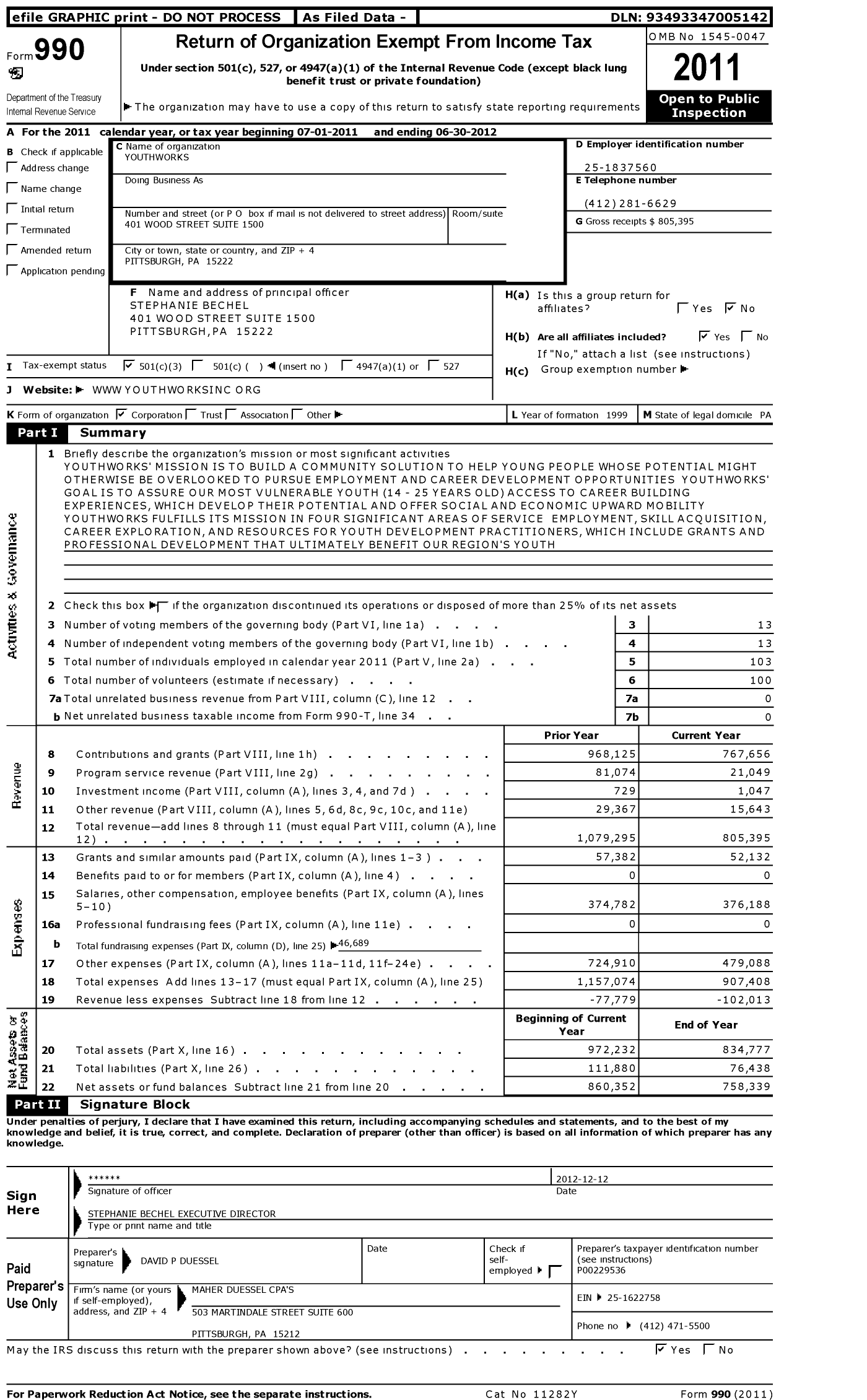 Image of first page of 2011 Form 990 for YouthWorks