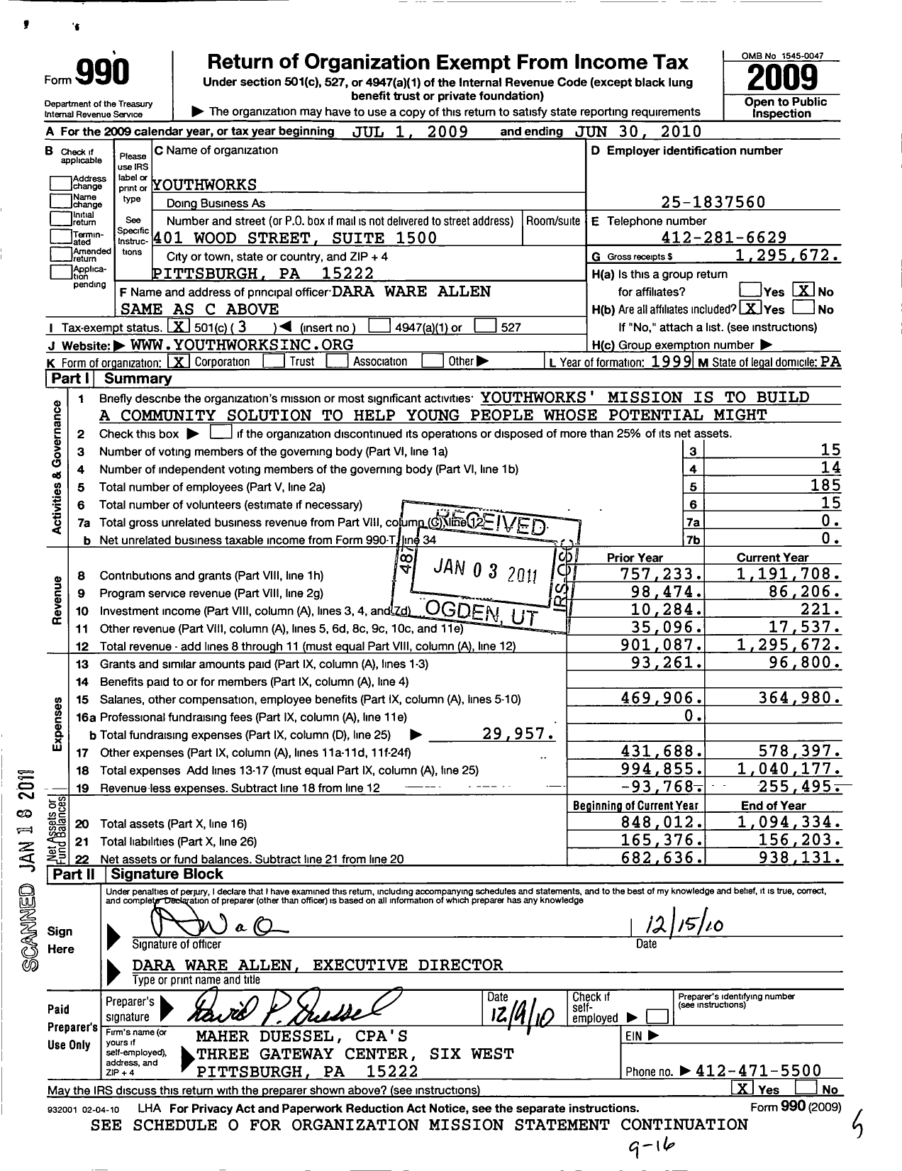 Image of first page of 2009 Form 990 for YouthWorks