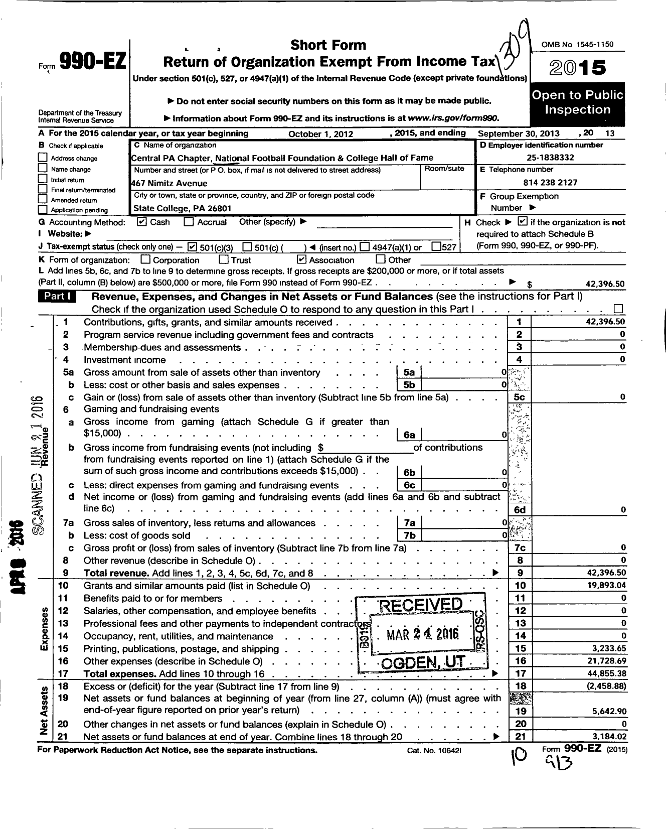 Image of first page of 2012 Form 990EZ for National Football Foundation and College Hall of Fame / Central Pennsylvania Chapter