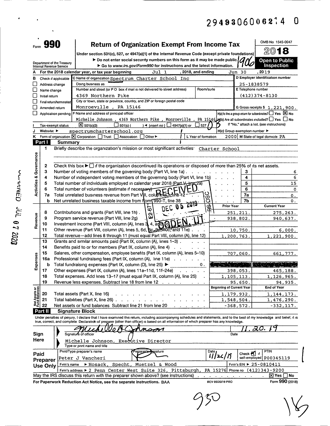 Image of first page of 2018 Form 990 for Spectrum Charter School