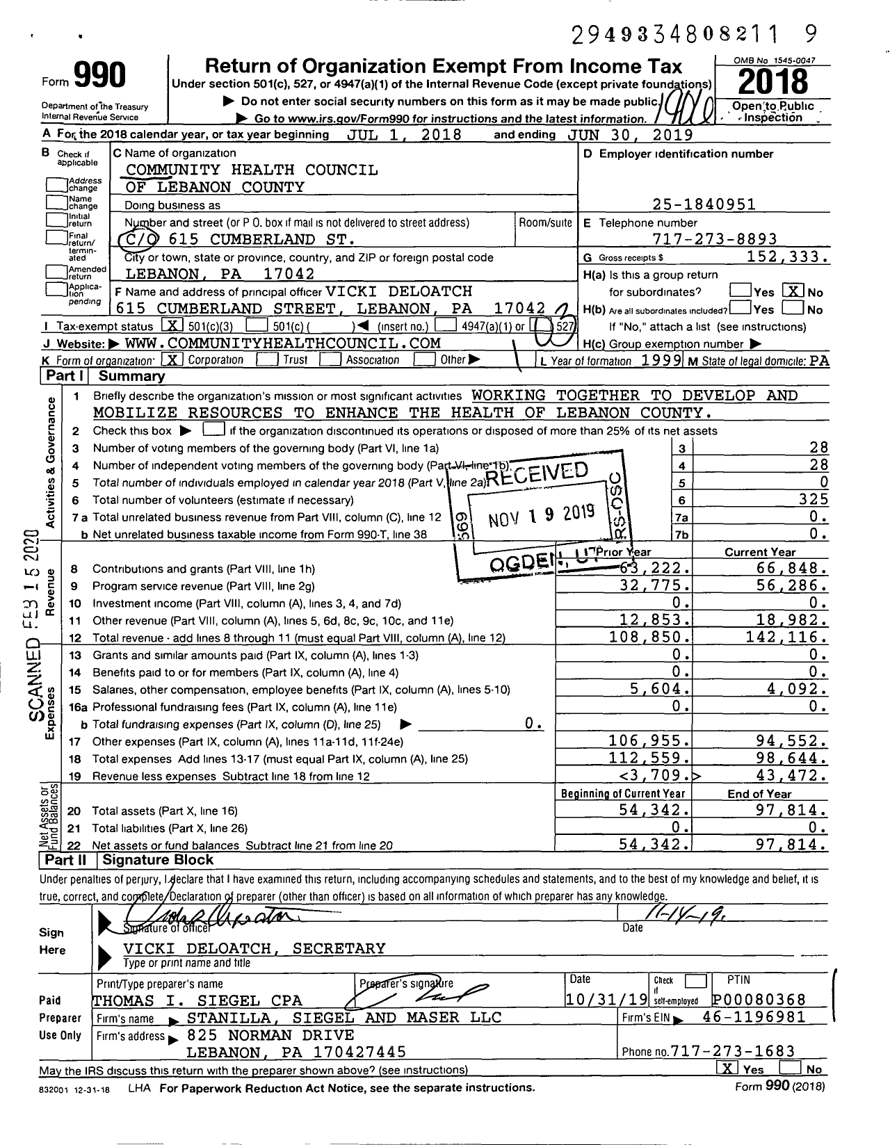 Image of first page of 2018 Form 990 for Community Health Council of Lebanon County