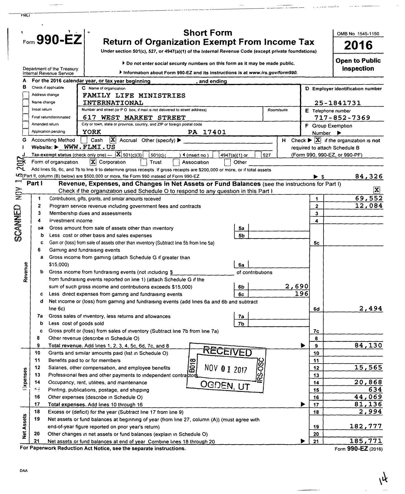 Image of first page of 2016 Form 990EZ for Family Life Ministries International