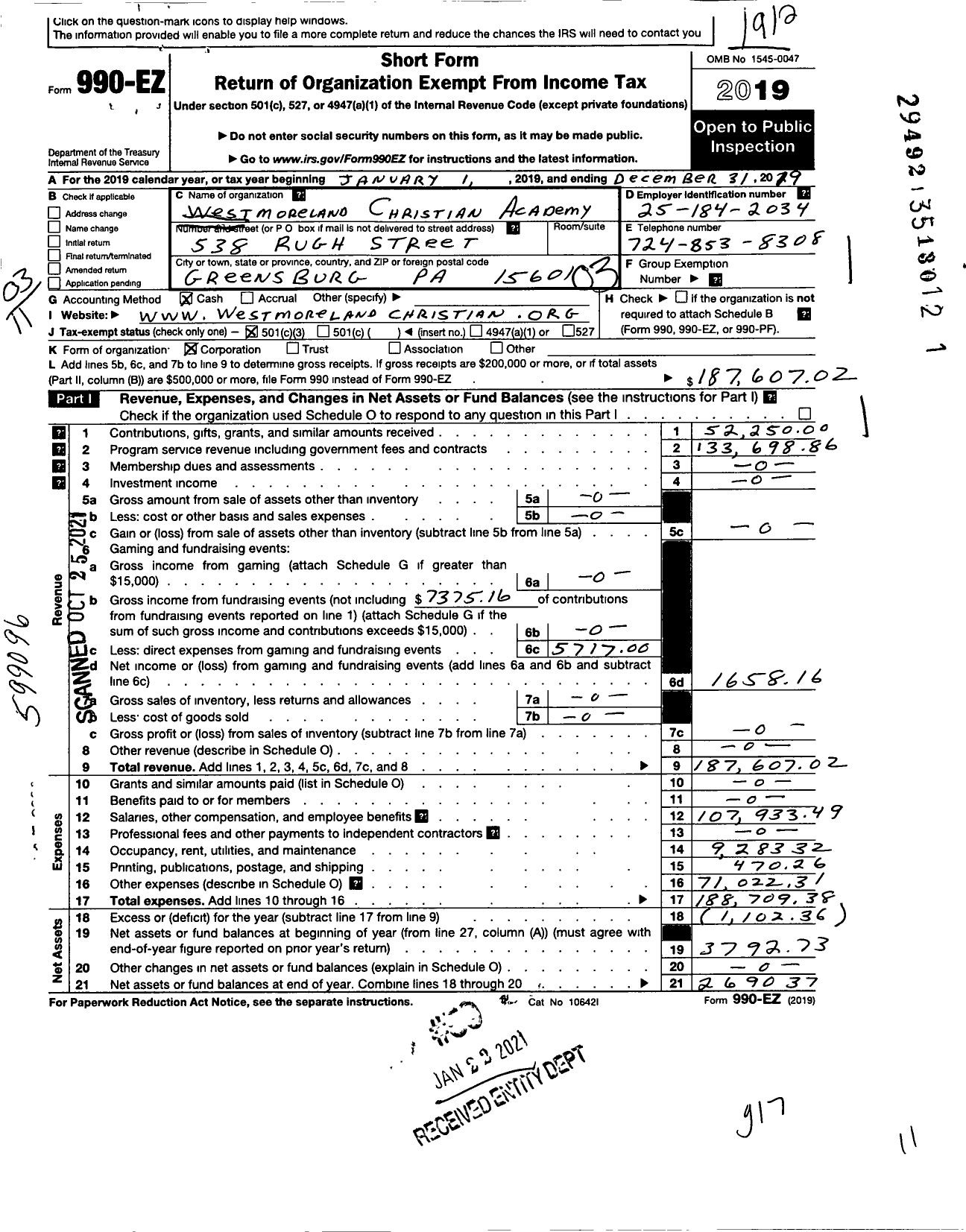 Image of first page of 2019 Form 990EZ for Westmoreland Christian Academy