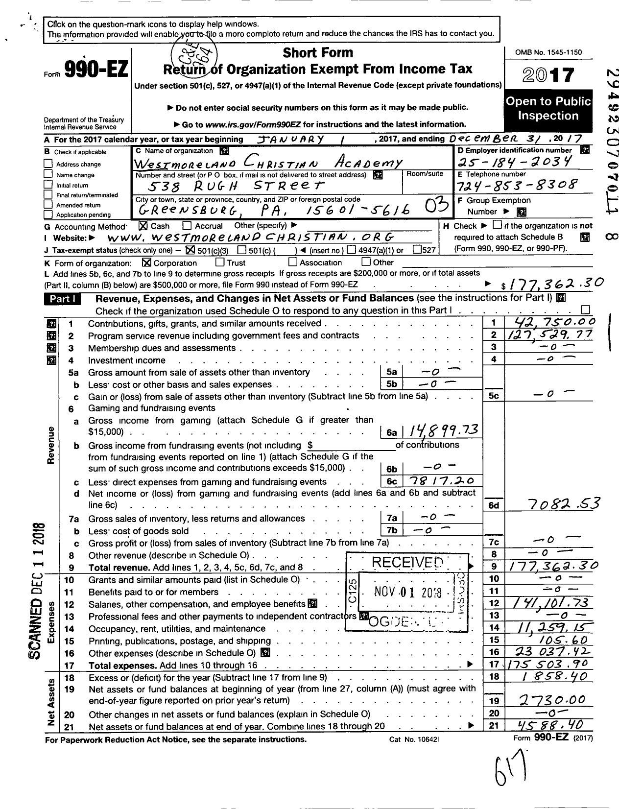 Image of first page of 2017 Form 990EZ for Westmoreland Christian Academy